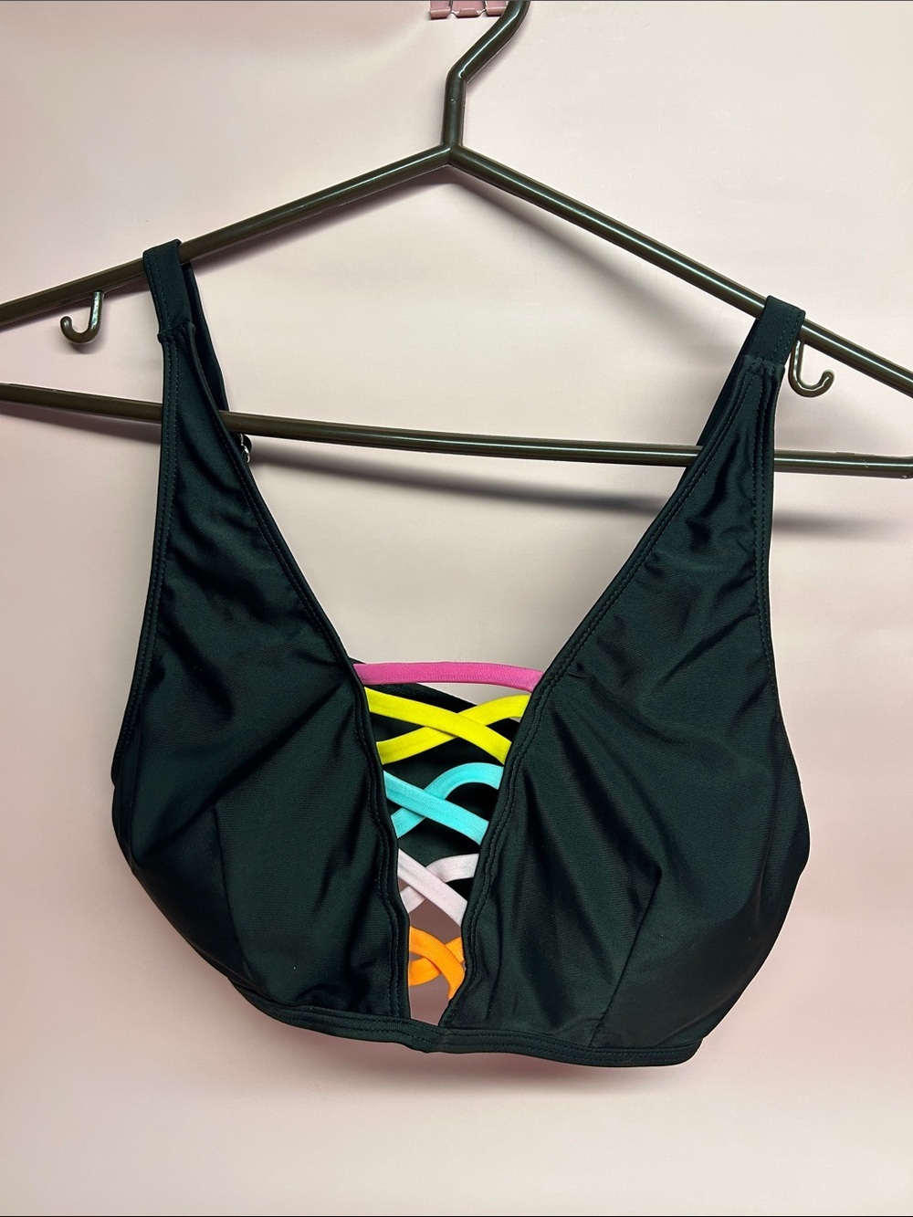 Black Bikini Top with Multicolor Lattice Back